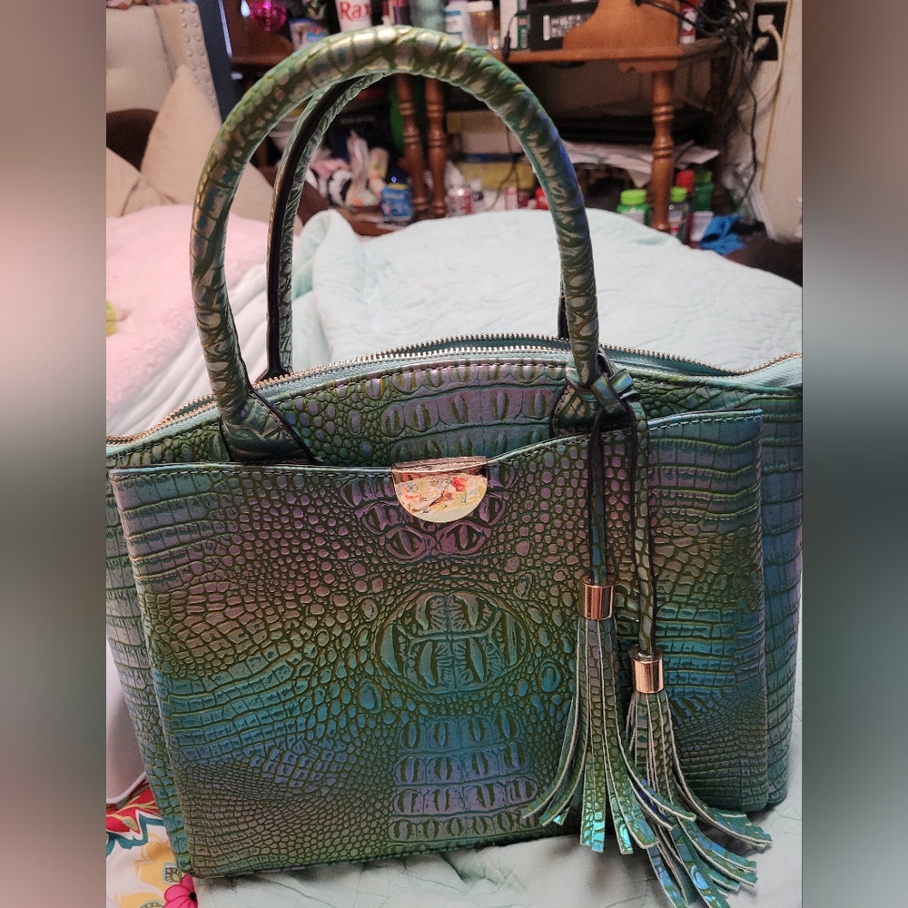 Iridescent Green/Blue Croc-Embossed Satchel with Tassels